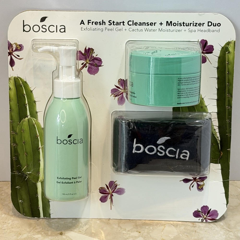 Boscia 3 Pc Set Exfoliating Peel Gel Cleanser Cactus Waters Moisturizer Headband